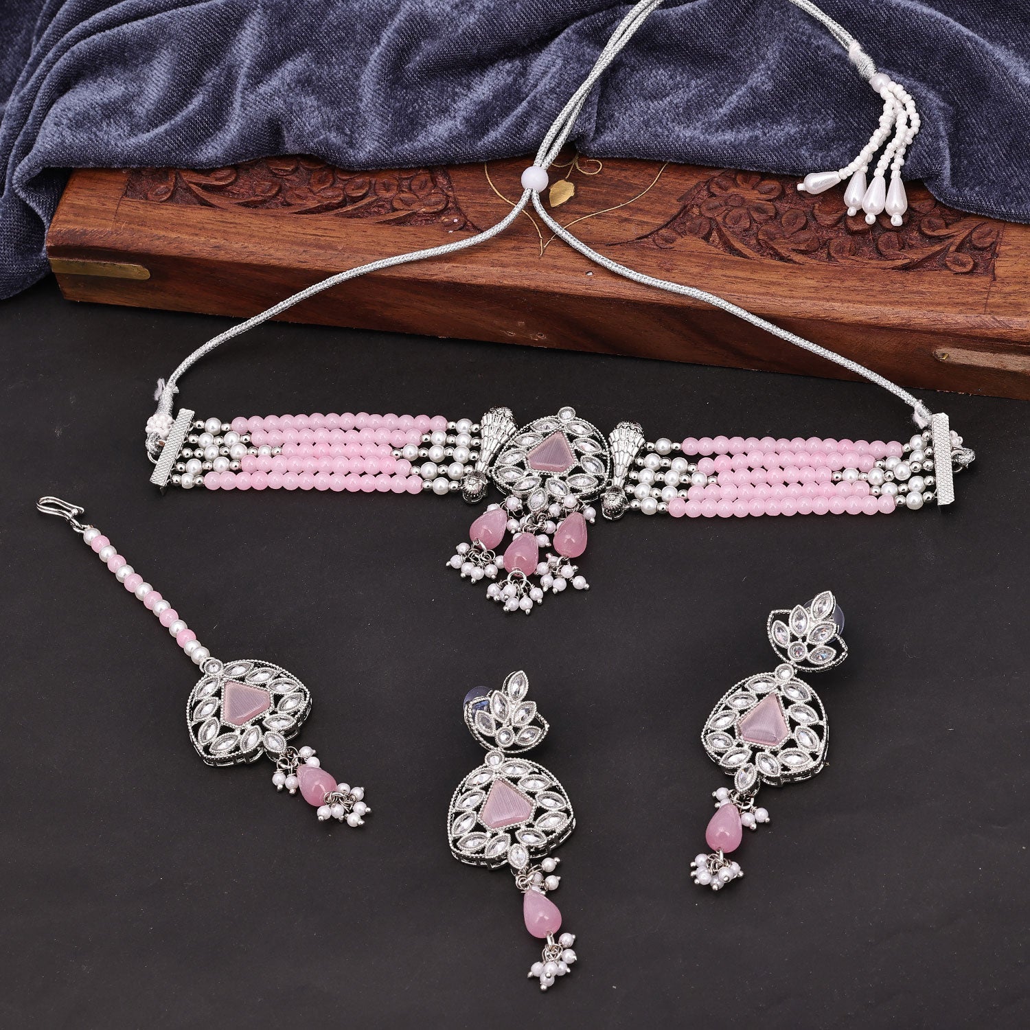Sukkhi Exotic Choker Reverse AD & Pearl Pink Rhodium Plated Necklace Set For Women