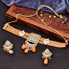 Sukkhi Traditionally Choker Reverse AD & Pearl Peach Gold Plated Necklace Set For Women