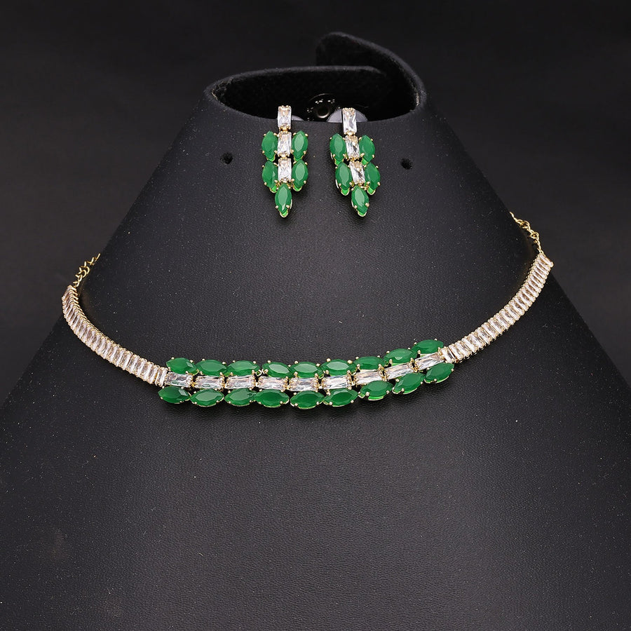 Sukkhi Fascinating Choker CZ Green Gold Plated Necklace Set For Women