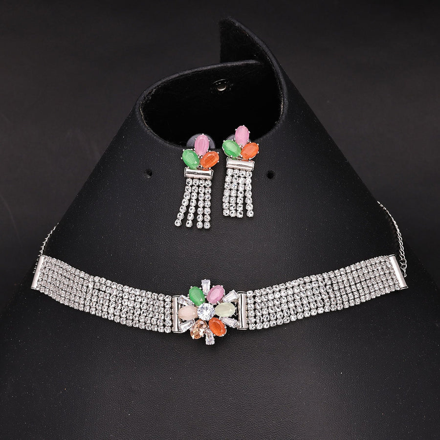 Sukkhi Marvellous Choker CZ Silver Rhodium Plated Necklace Set For Women