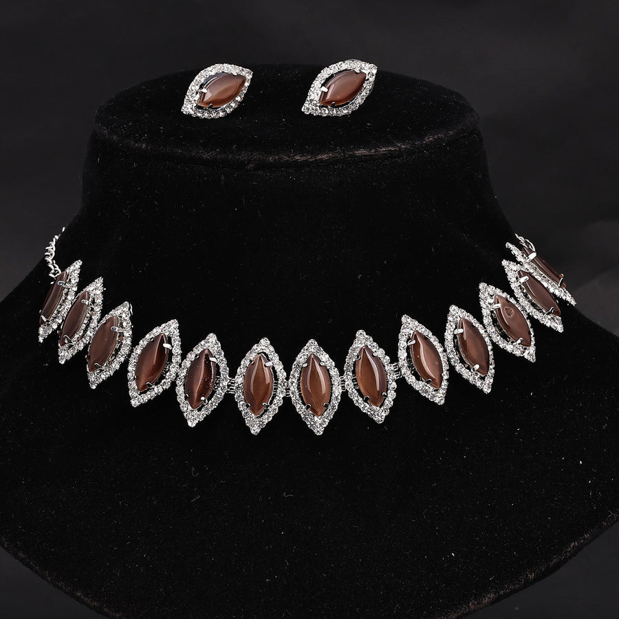 Sukkhi Glorious Choker CZ Brown Rhodium Plated Necklace Set For Women