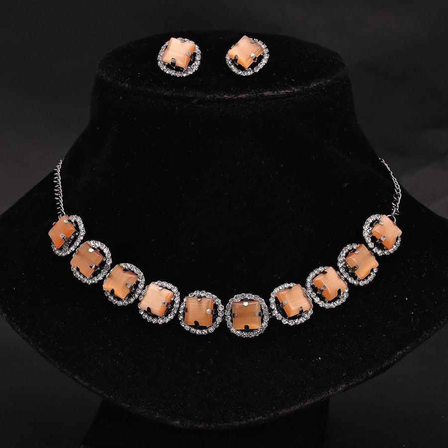 Sukkhi Stylish Choker CZ Orange Rhodium Plated Necklace Set For Women