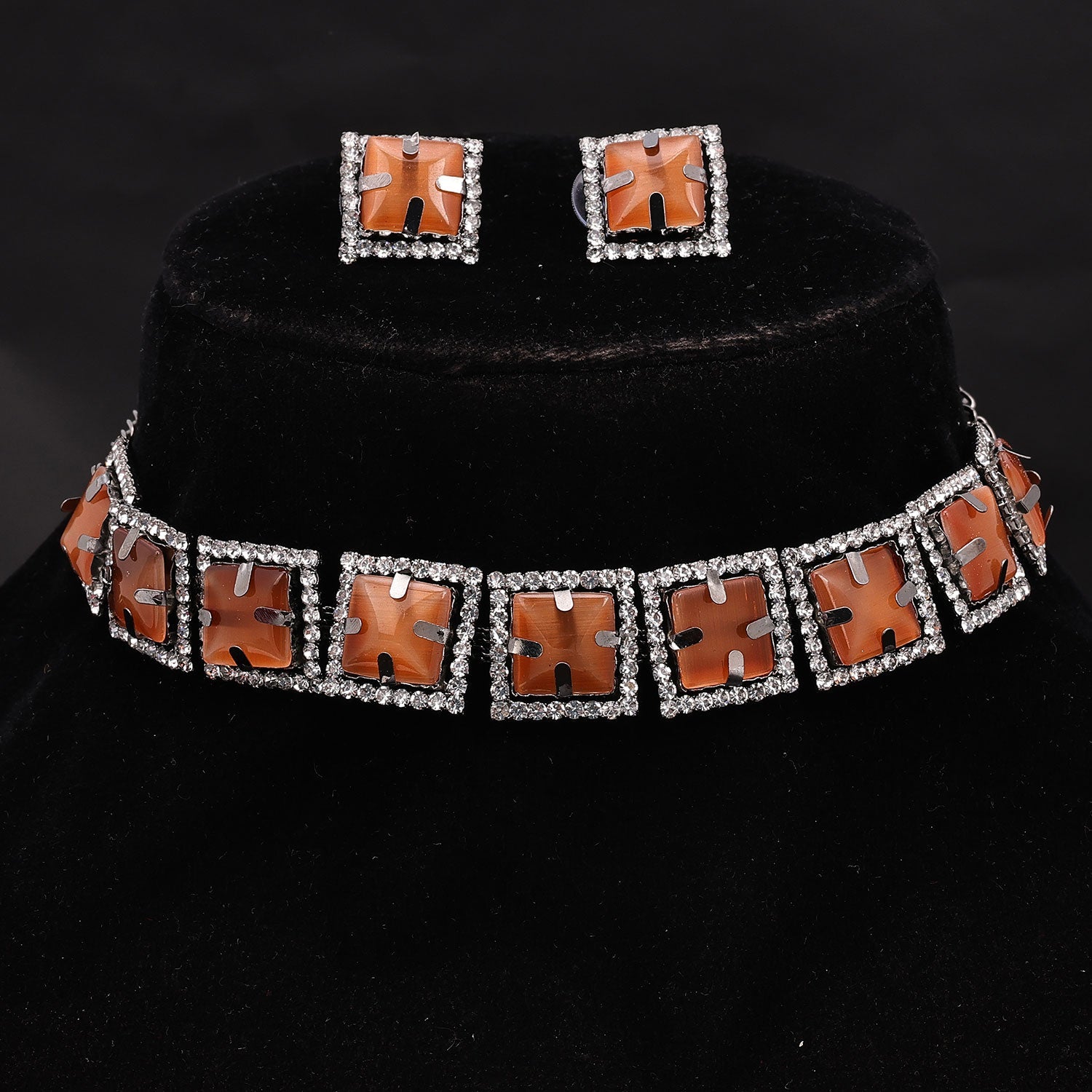 Sukkhi Delightly Choker CZ Orange Rhodium Plated Necklace Set For Women