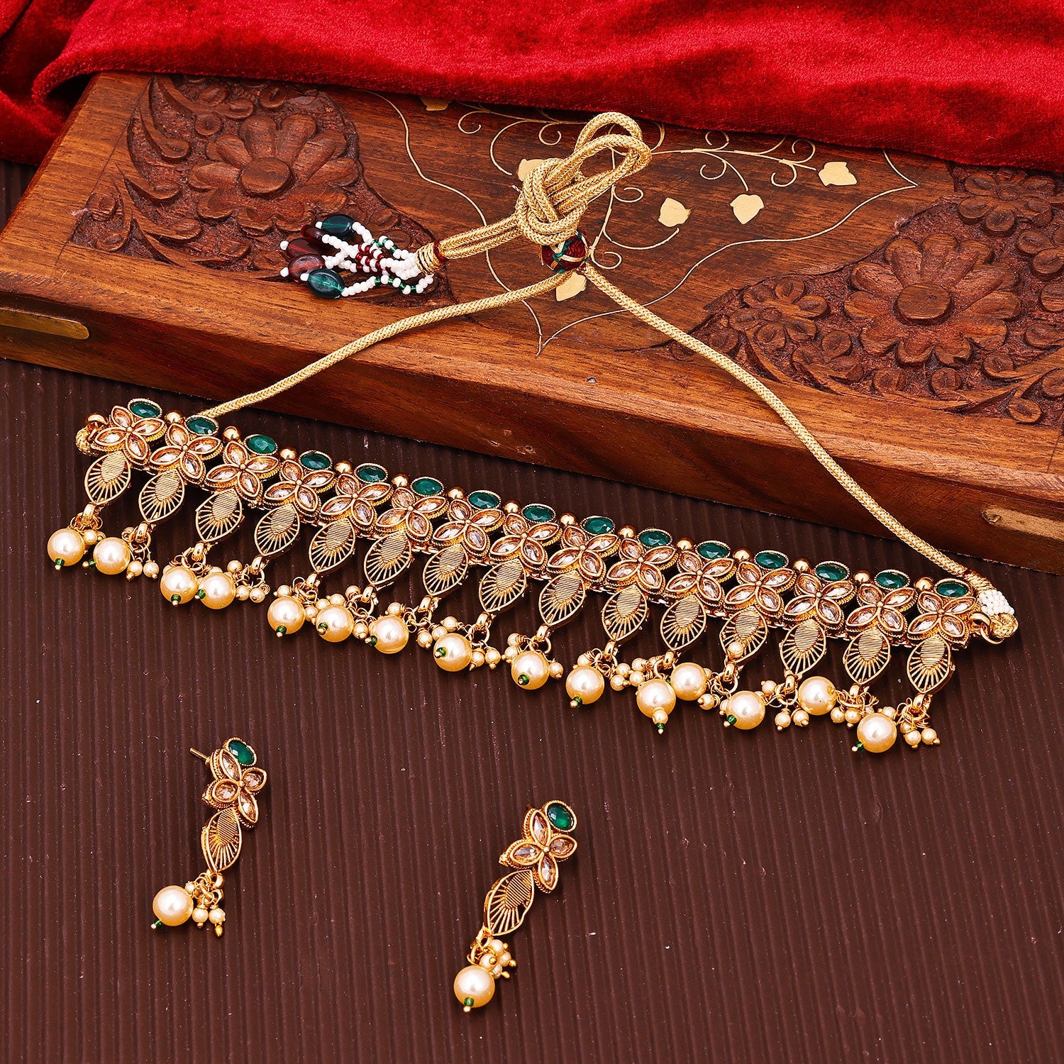 Sukkhi Antique Choker Reverse AD & Pearl Green Gold Plated Necklace Set For Women