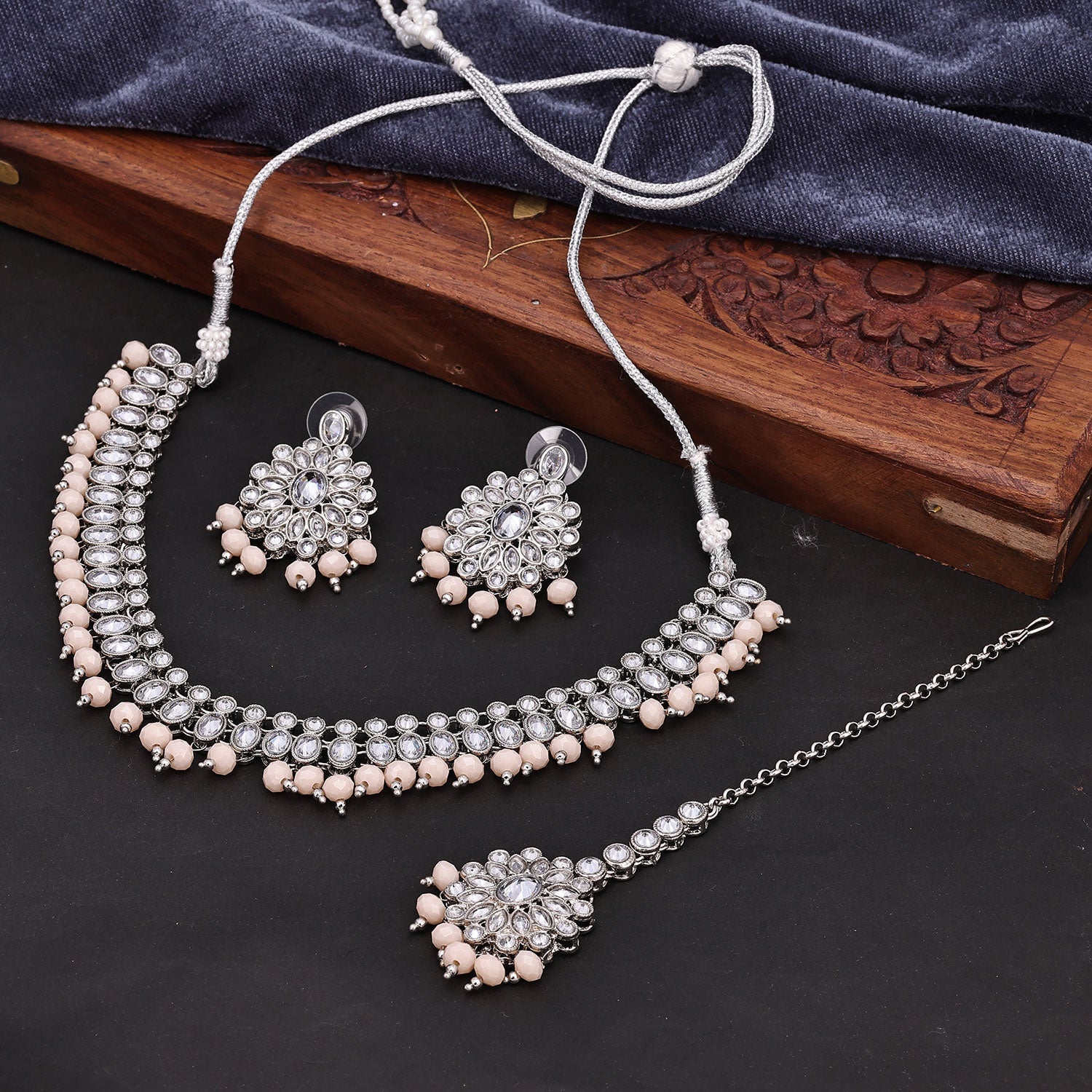 Sukkhi Adorable Choker Reverse AD & Pearl Peach Rhodium Plated Necklace Set For Women