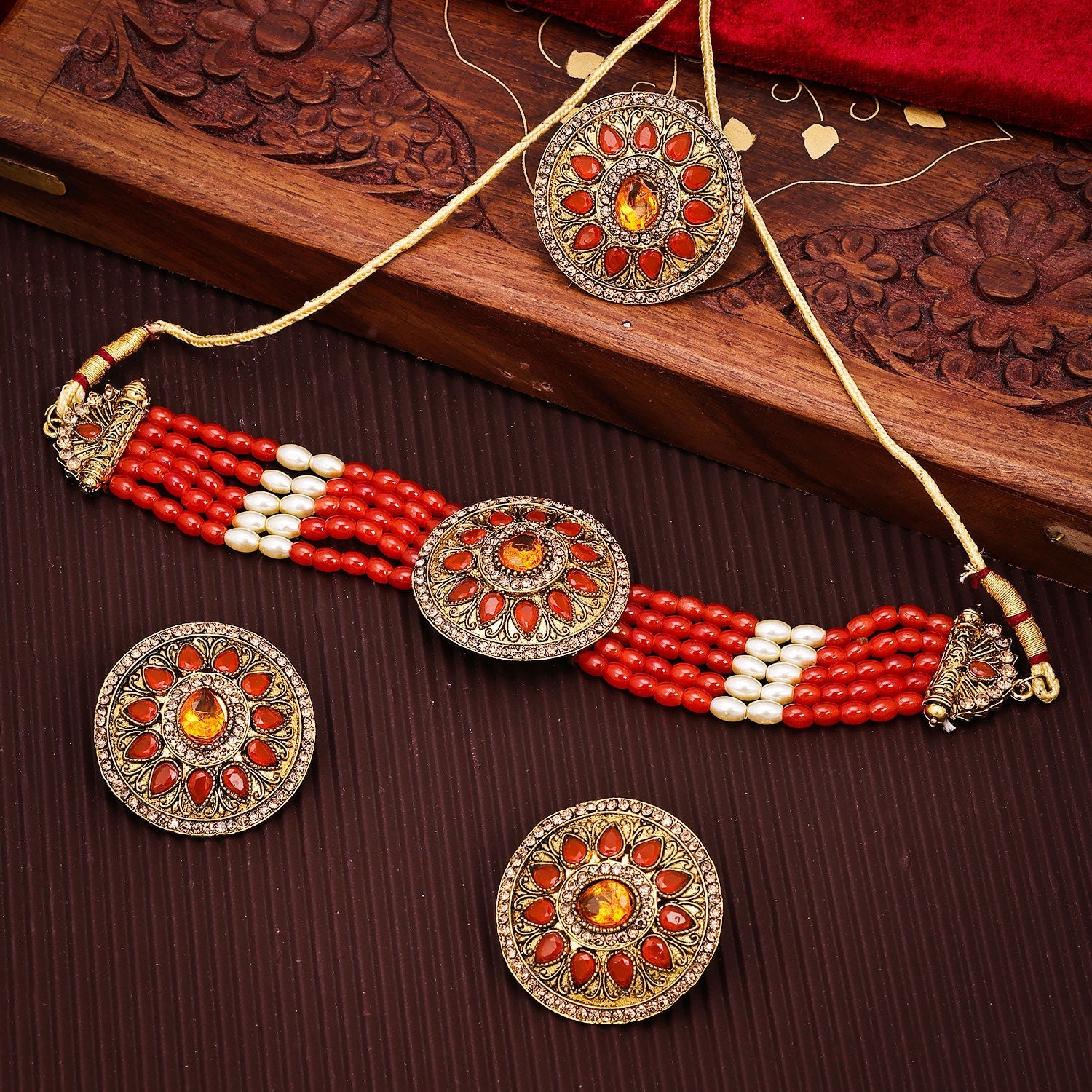 Sukkhi Splendid Choker Reverse AD & Pearl Orange Gold Plated Necklace Set For Women