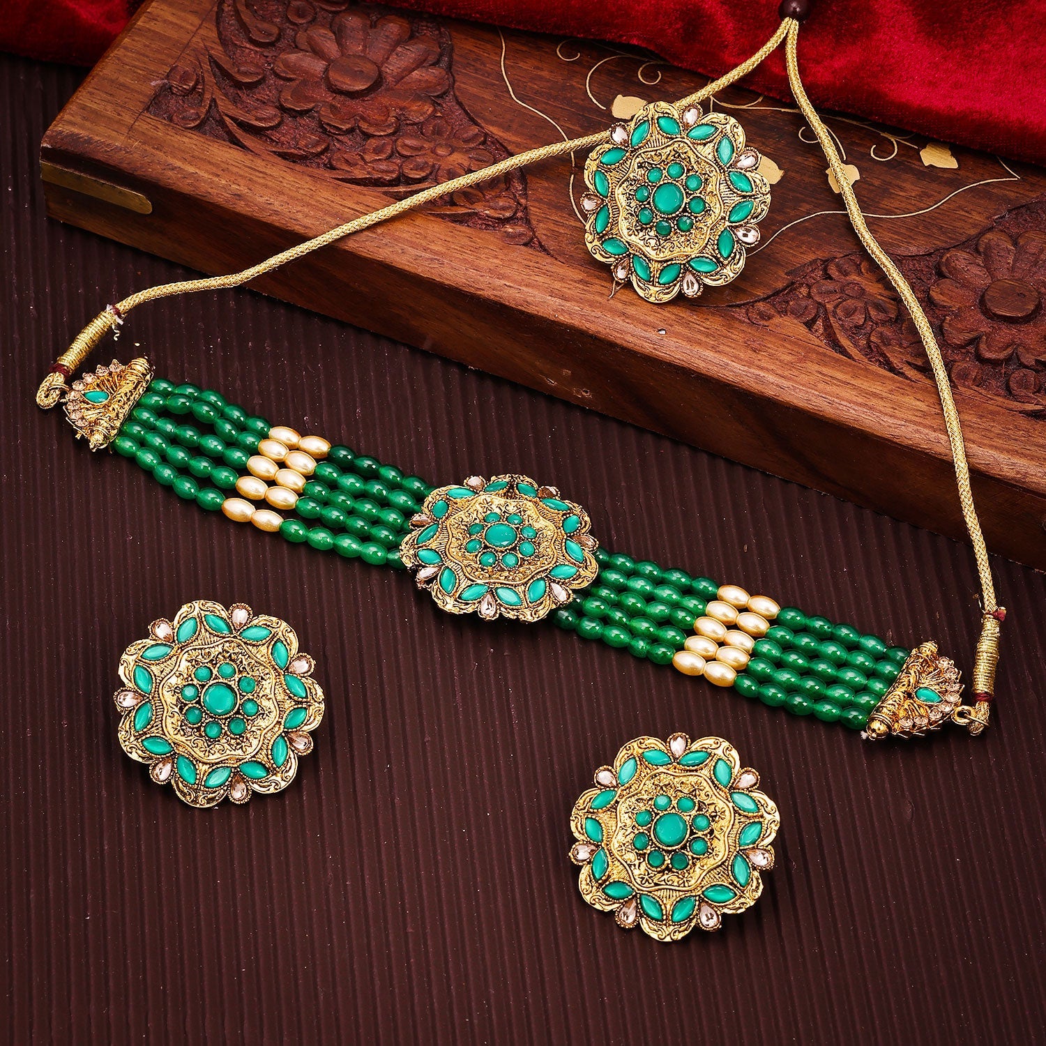 Sukkhi Spectacular Choker Reverse AD & Pearl Green Gold Plated Necklace Set For Women