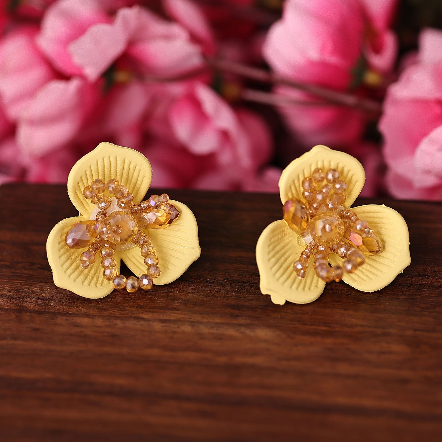 Sukkhi Glistening Stud Pearl Yellow Acrylic Earring For Women