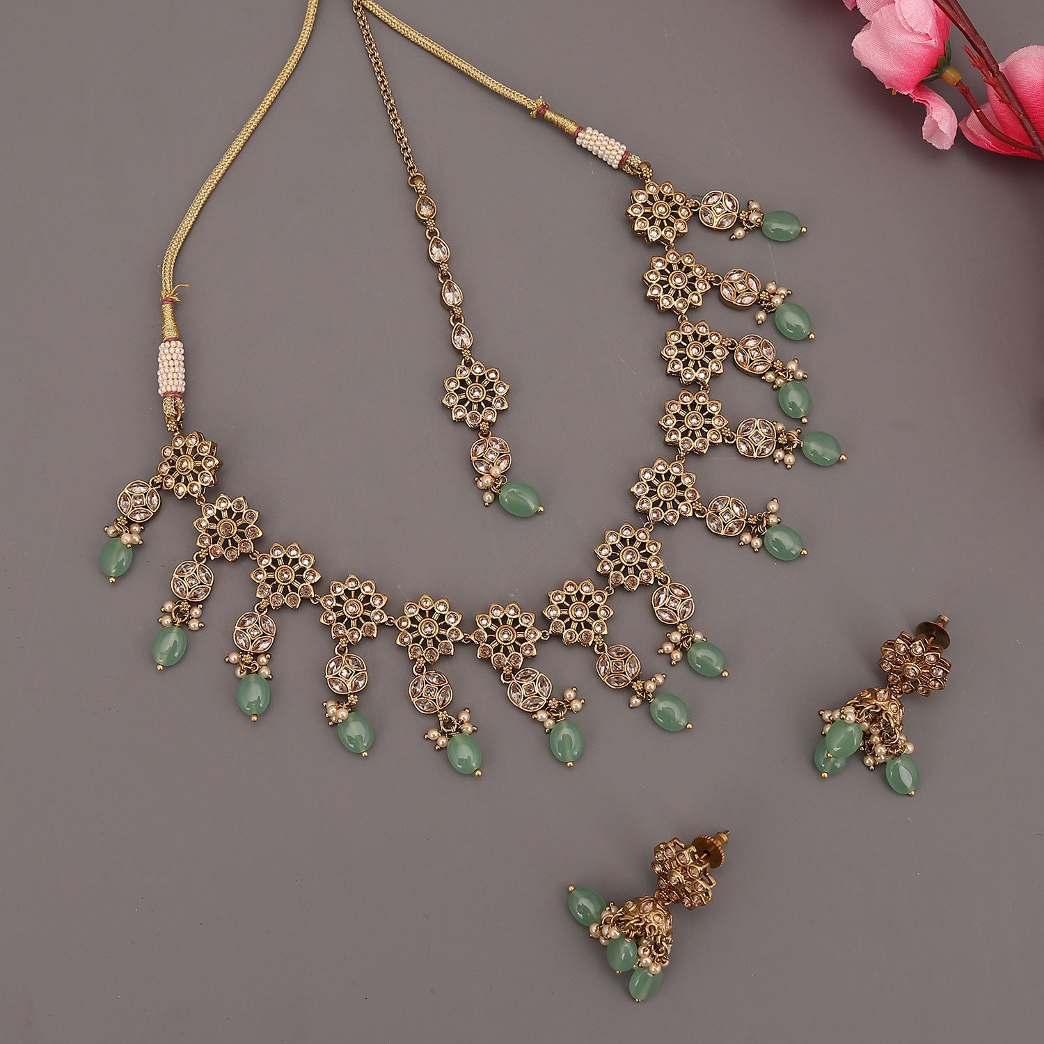 Sukkhi Amazing Green Gold Plated Kundan & Pearl Choker Necklace Set For Women