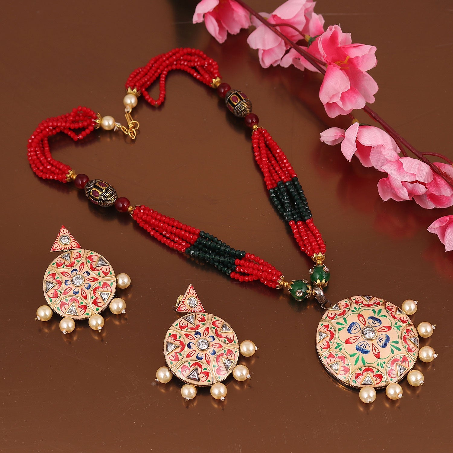 Sukkhi Designer Red & Green Gold Plated Pearl String Necklace Set For Women