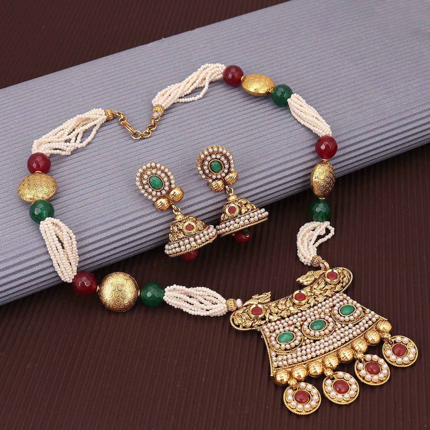 Sukkhi Classic Red & Green Gold Plated Pearl Necklace Set For Women