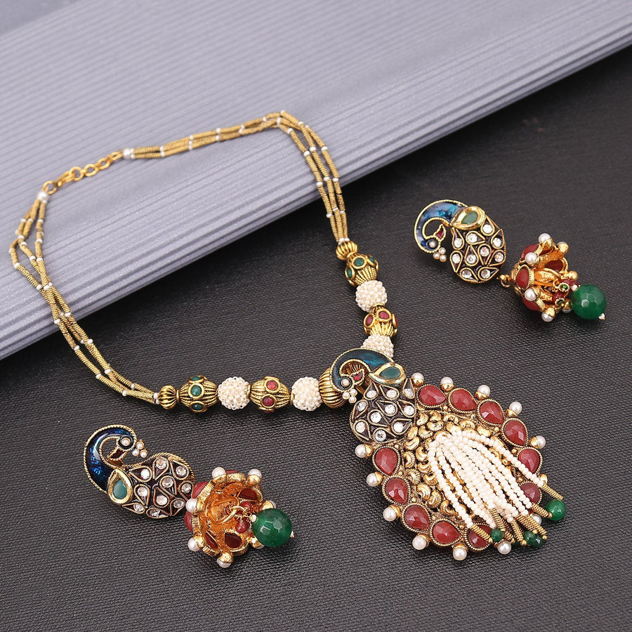 Sukkhi Charming Peacock Gold Plated Pearl Necklace Set For Women