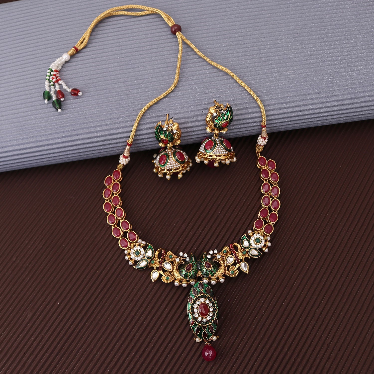 Sukkhi Classy Peacock Gold Plated Pearl Choker Necklace Set For Women