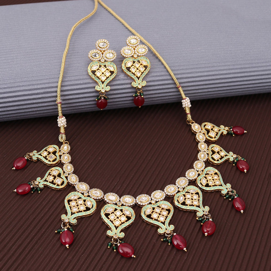Sukkhi Marquise Gold Plated Kundan & Pearl Choker Necklace Set For Women