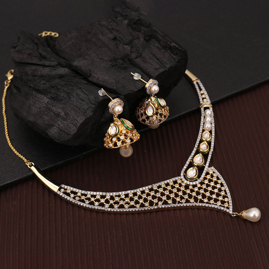 Sukkhi Amazing Stylish Gold Plated Kundan CZ Pearl Necklace Set For Women